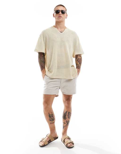 ASOS DESIGN - T-shirt oversize en crochet avec col cranté - Beige