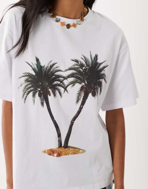 ASOS DESIGN - T-shirt oversize en jersey flammé avec imprimé palmier - Blanc, 3 de 4