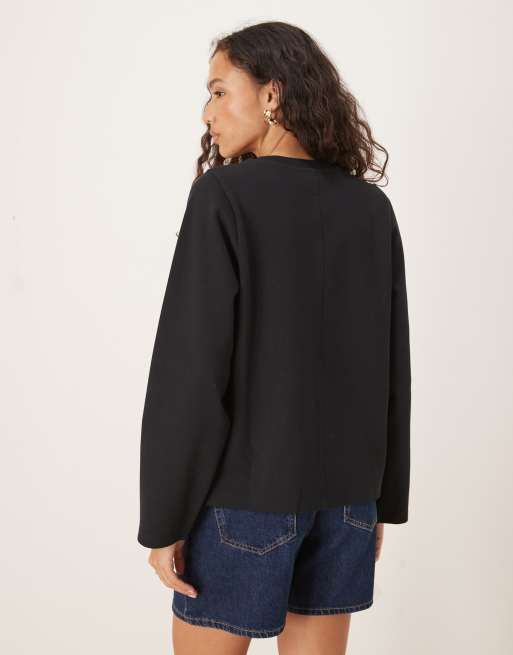 ASOS DESIGN - T-shirt oversize en maille interlock à manches longues avec surpiqûre sur le devant - Noir, 3 de 4