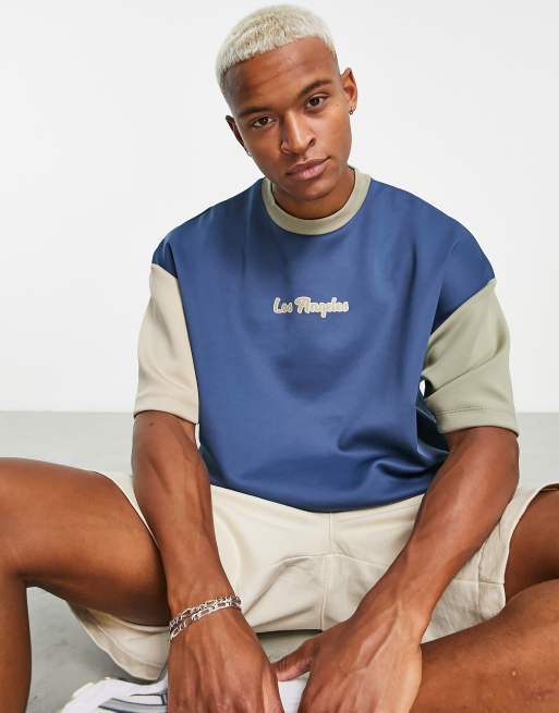 ASOS DESIGN - T-shirt oversize en néoprène color block à imprimé Los Angeles - Bleu marine