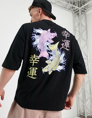 Homme T-shirt oversize en tissu bioloigique avec imprimé carpe devant et au dos - Noir