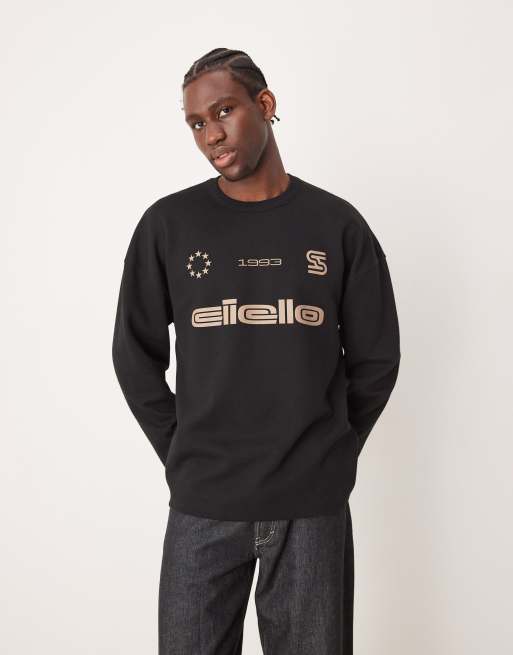 ASOS DESIGN T shirt oversize en tissu epais de 300 g m a manches longues avec imprime sport et epaules tombantes Noir