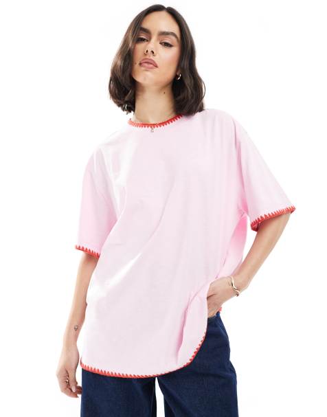 ASOS DESIGN - T-shirt oversize en tissu flammé avec bordure en zigzag - Rose - view 1