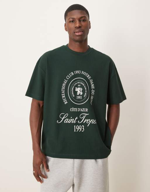 ASOS DESIGN - T-shirt oversize en tissu gaufré épais 230 g/m<sup>2</sup> avec imprimé ville - Vert foncé