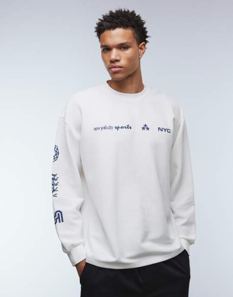 ASOS DESIGN - T-shirt oversize en tissu gaufré épais à manches longues avec motifs streetwear - Blanc cassé - view 1