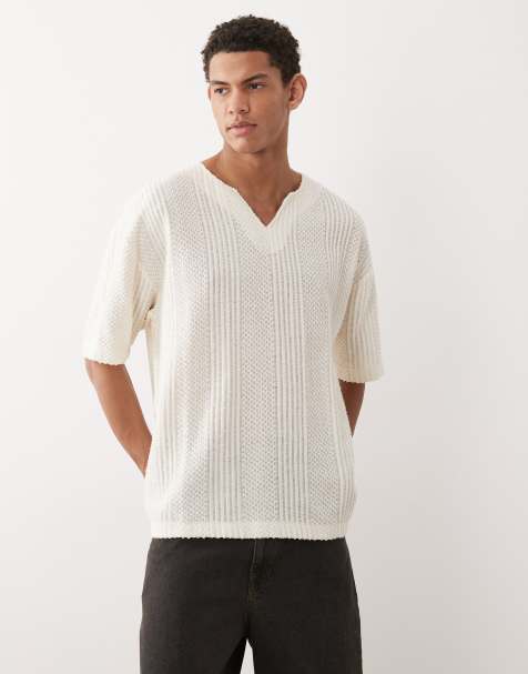 ASOS DESIGN - T-shirt oversize en tissu texturé à col V - Crème - view 1