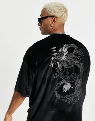 Homme T-shirt oversize en velours avec broderie au dos - Noir