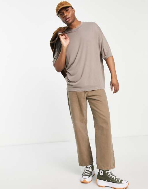 ASOS DESIGN - T-shirt oversize en viscose à manches mi-longues - Beige