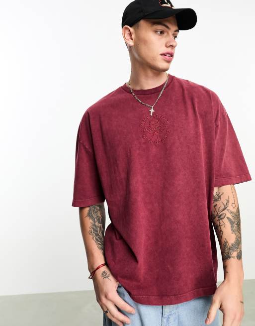 ASOS DESIGN - T-shirt oversize épais 220 g/m² à broderie sur la poitrine - Rouge délavé