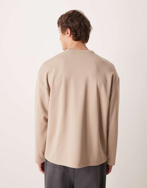 ASOS DESIGN - T-shirt oversize épais à manches longues en coton mélangé - Taupe, 3 de 5