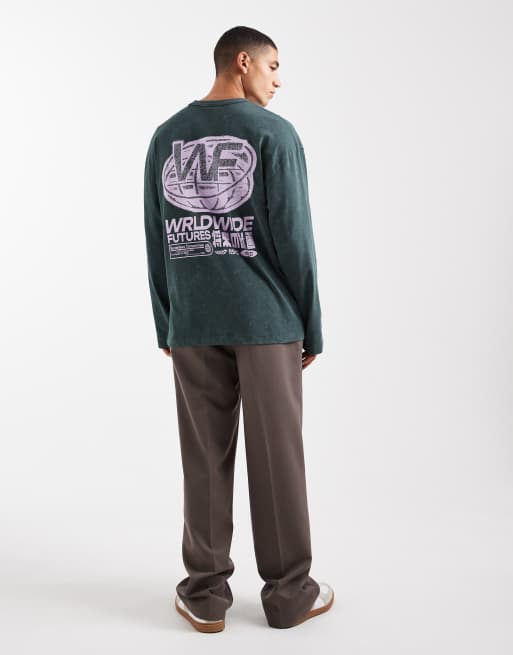 ASOS DESIGN - T-shirt oversize épais à manches longues et imprimé dans le dos - Vert foncé délavé , 2 de 5