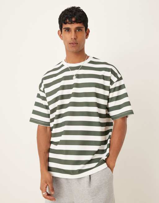 ASOS DESIGN - T-shirt oversize épais à rayures larges - Vert et blanc