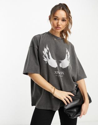 ASOS DESIGN - T-shirt oversize épais avec motif ailes - Anthracite