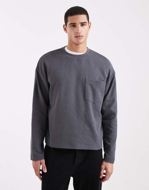 ASOS DESIGN - T-shirt oversize gaufré coupe carrée à manches longues et poche - Anthracite - view 1