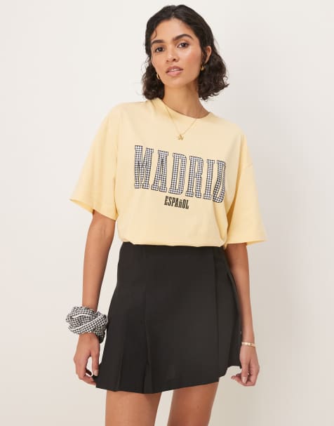 ASOS DESIGN - T-shirt oversize gialla con scritta "Madrid" nera a quadretti - view 1