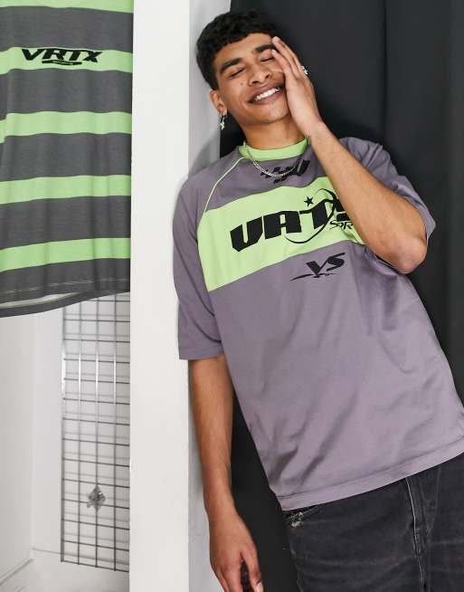 ASOS DESIGN - T-shirt oversize grigia e verde color block con stampa sul davanti