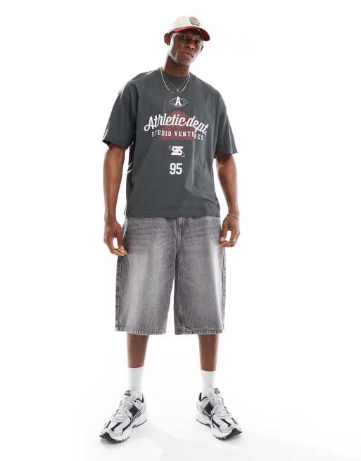 ASOS DESIGN - T-shirt oversize grigio antracite con grafica sportiva, 3 di 4