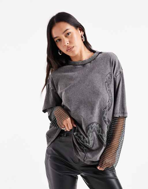 ASOS DESIGN - T-shirt oversize grigio antracite slavato con stampa di serpente e dettagli termosaldati