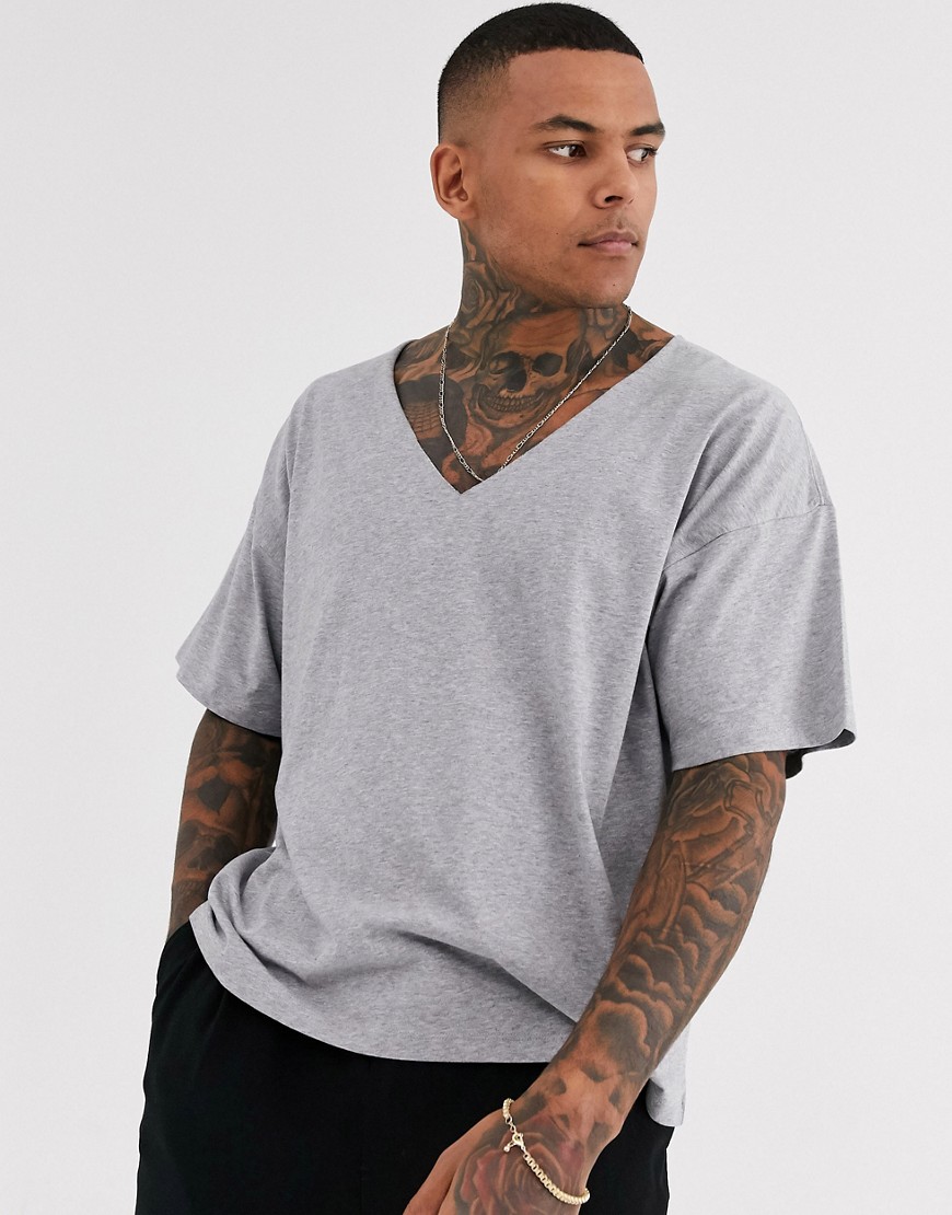 ASOS DESIGN - T-shirt oversize grigio mélange con profondo scollo a V grezzo