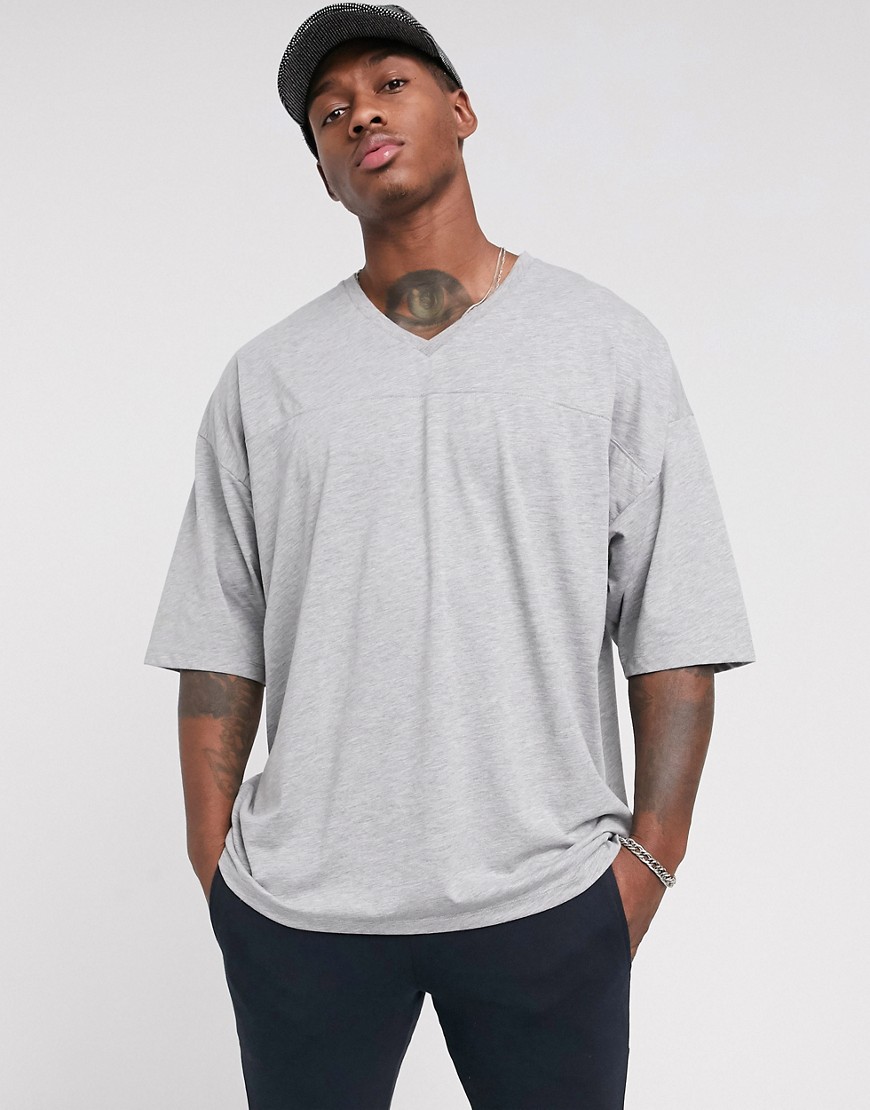 ASOS DESIGN - T-shirt oversize grigio mélange con scollo a V e cuciture a vista