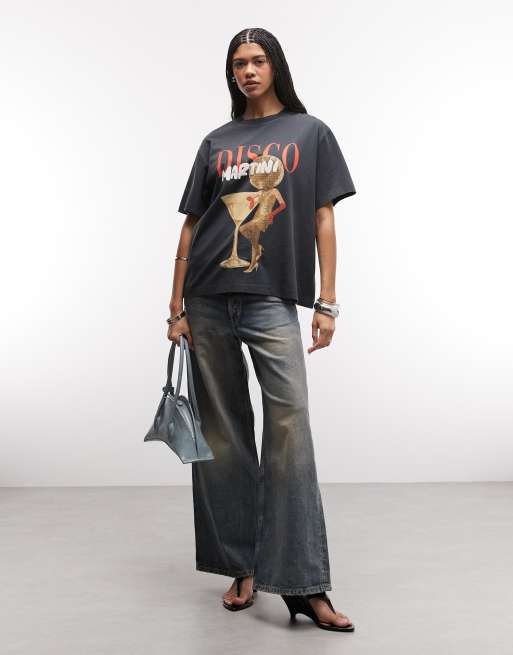 ASOS DESIGN - T-shirt oversize grigio slavato con grafica vintage Disco Martini, 3 di 4