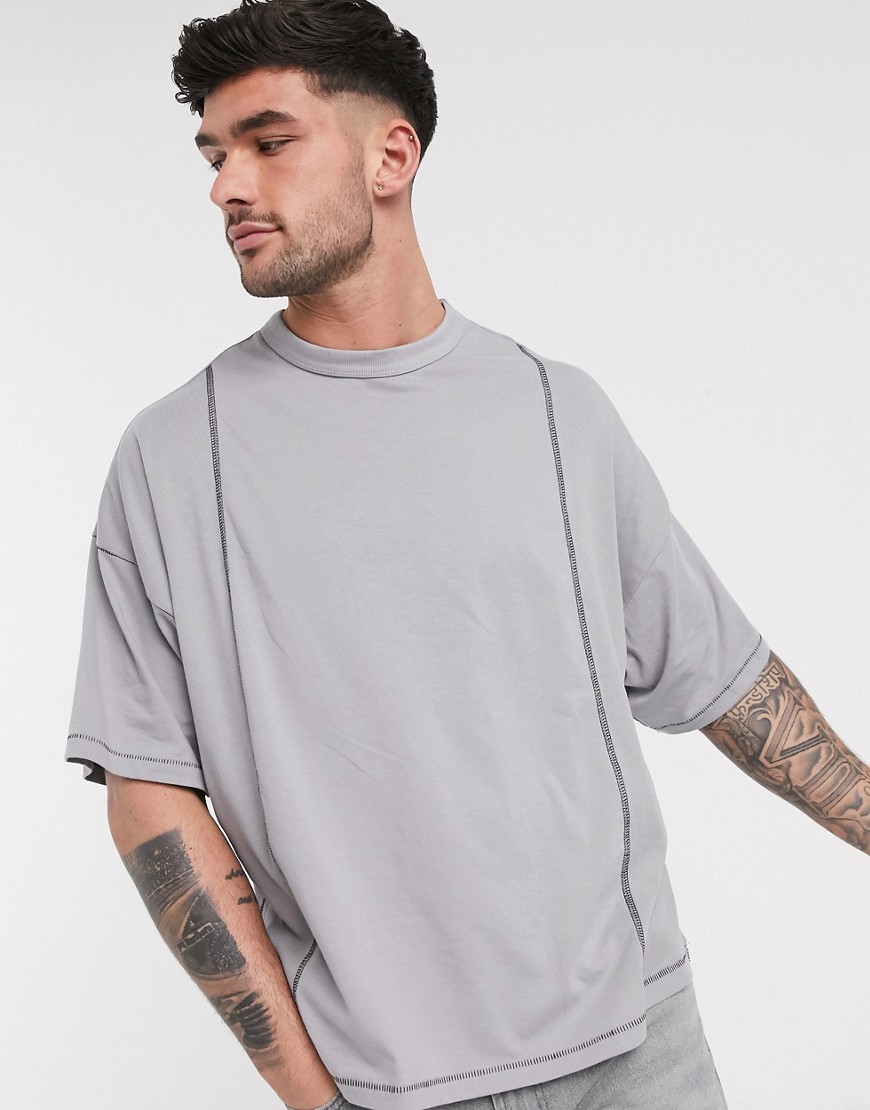 ASOS DESIGN - T-shirt oversize in cotone organico con pannelli a coste e cuciture a contrasto grigia-Grigio
