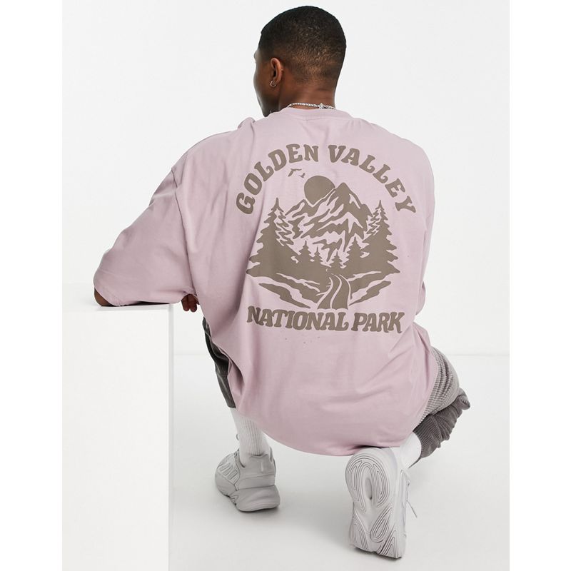 Uomo Novità DESIGN - T-shirt oversize in cotone organico viola con stampa di montagna sul retro