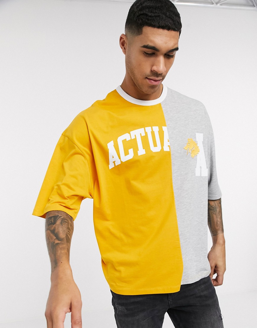 ASOS DESIGN - T-shirt oversize in due parti color block con logo Actual applicato-Giallo