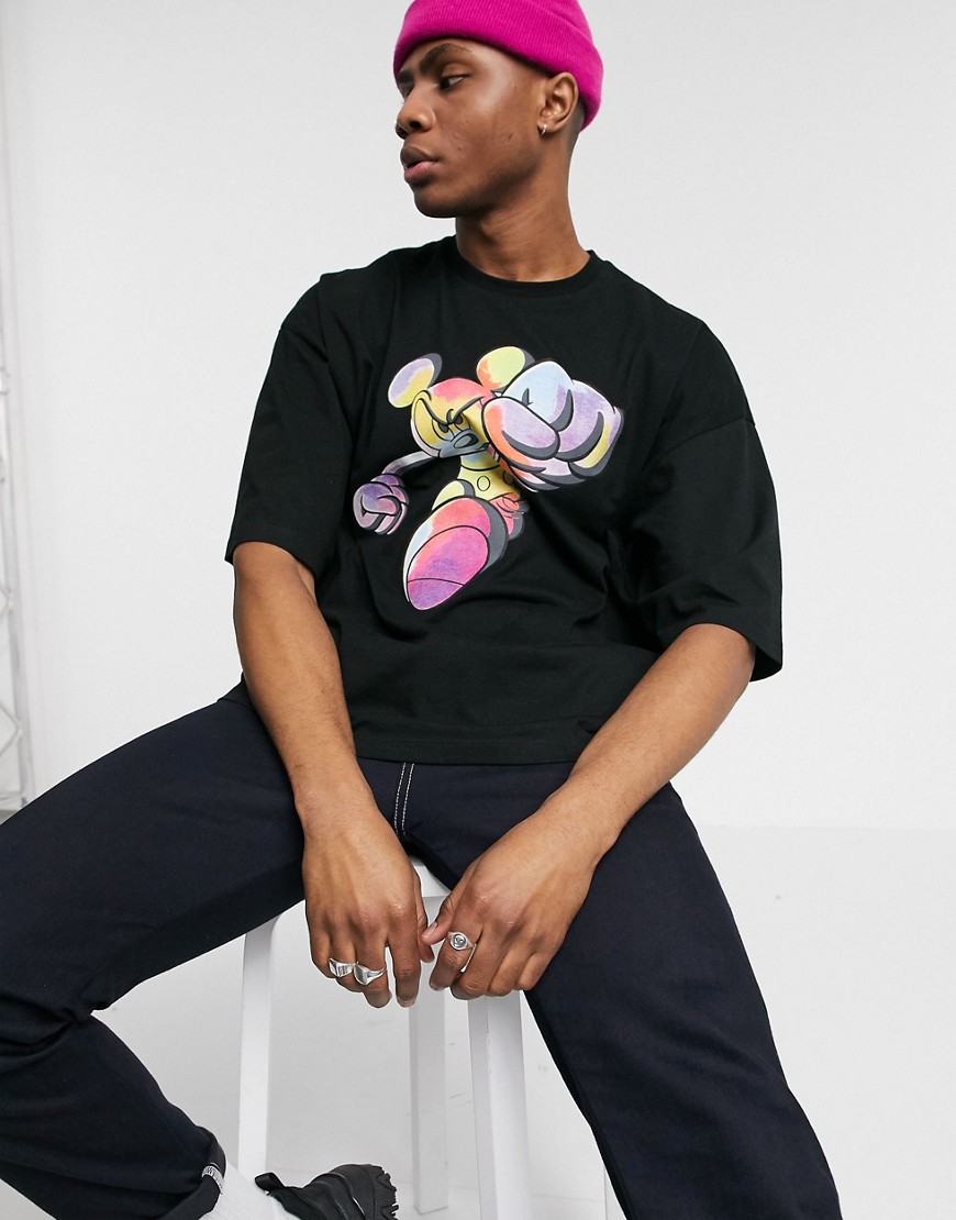 ASOS DESIGN - T-shirt oversize in jersey pesante con Topolino della Disney arcobaleno-Nero