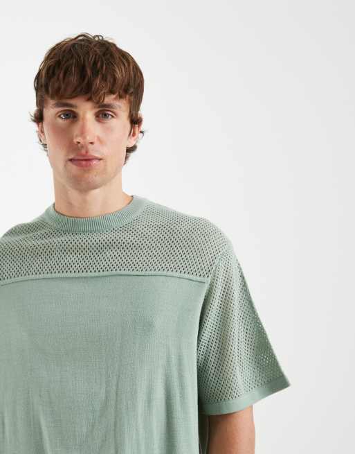 ASOS DESIGN - T-shirt oversize in maglia a maniche corte all'uncinetto verde salvia, 4 di 5