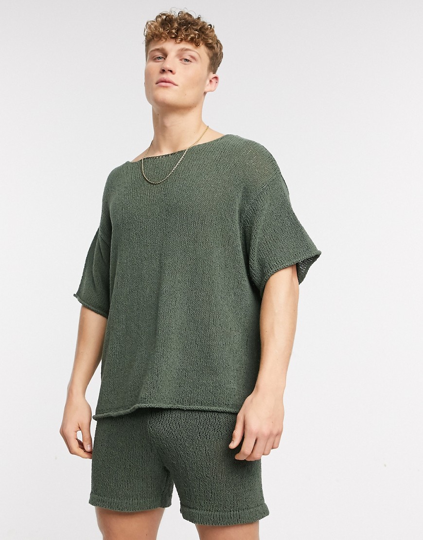 ASOS DESIGN - T-shirt oversize in maglia kaki in coordinato-Verde