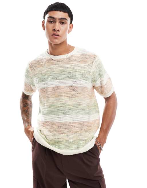 ASOS DESIGN - T-shirt oversize in maglia mélange verde e arancione fiammata