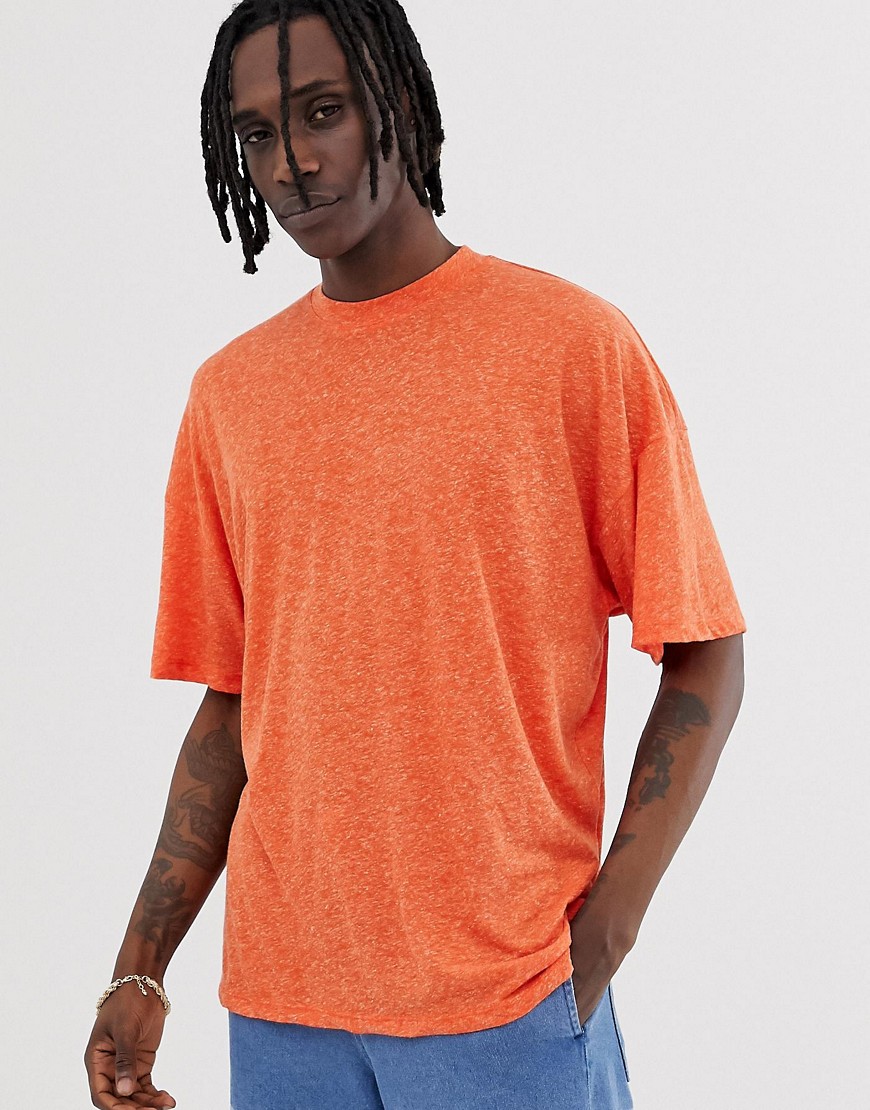 ASOS DESIGN - T-shirt oversize in misto lino arancione con spacchi laterali