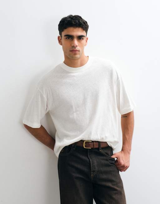 ASOS DESIGN - T-shirt oversize in misto lino color panna
