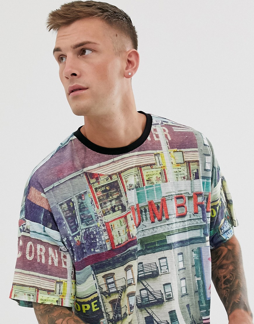 ASOS DESIGN - T-shirt oversize in misto lino con stampa fotografica-Multicolore