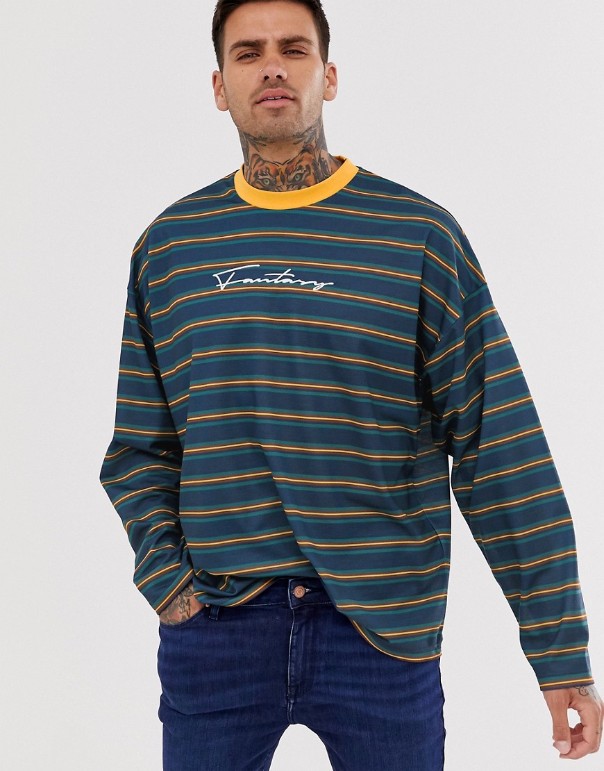 ASOS DESIGN - T-shirt oversize in piqué a righe con maniche lunghe e ricamo-Multicolore