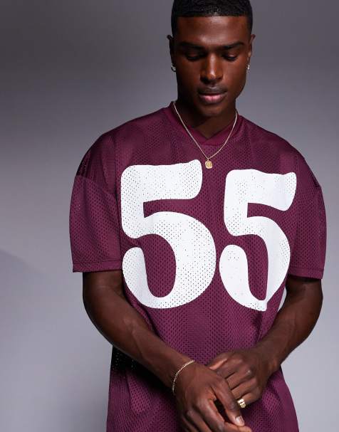ASOS DESIGN - T-shirt oversize in rete bordeaux con spalle scivolate e grafica sportiva - view 1