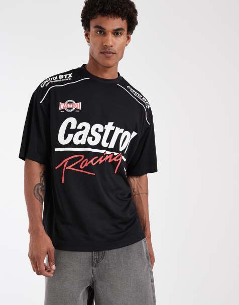 ASOS DESIGN - T-shirt oversize in rete nera con stampa "Castrol" - view 1