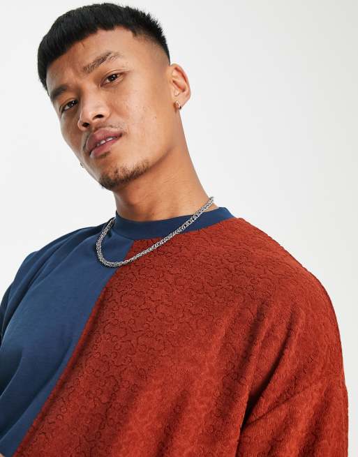 ASOS DESIGN - T-shirt oversize in spugna color block blu navy e arancione