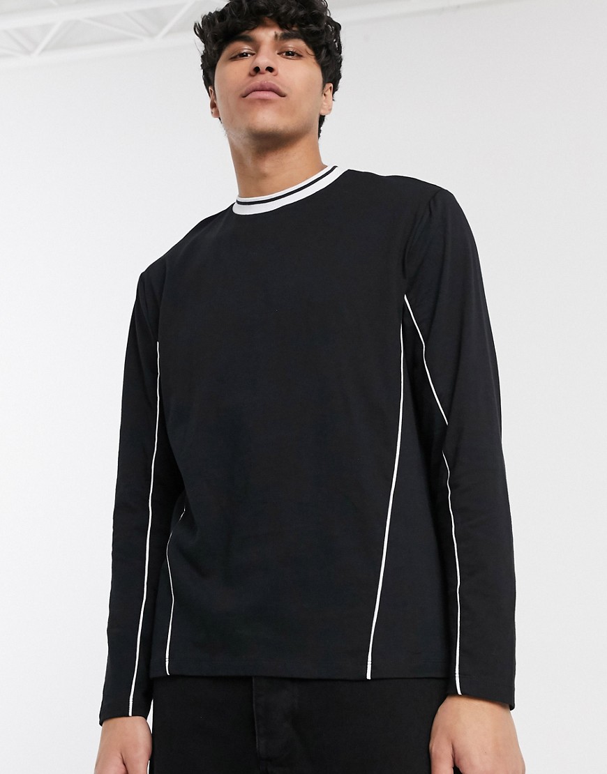 ASOS DESIGN - T-shirt oversize in tessuto organico a maniche lunghe nera con scollo e profili a contrasto-Nero