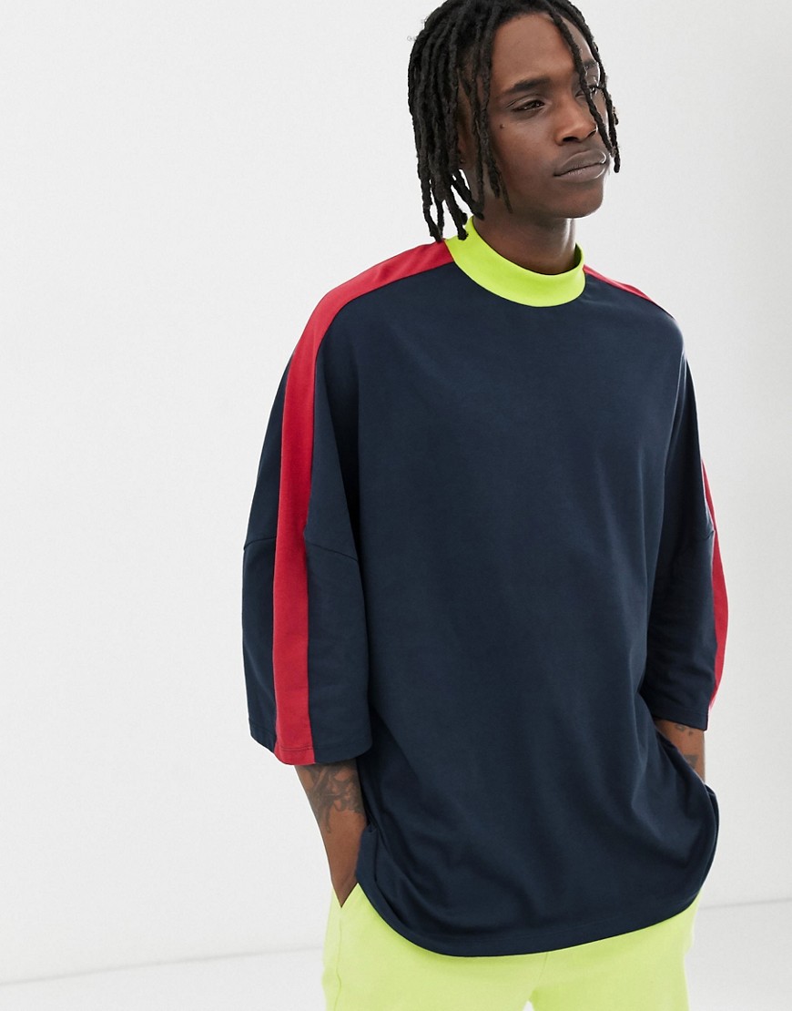 ASOS DESIGN - T-shirt oversize in tessuto organico con mezze maniche blu navy con spalle a contrasto