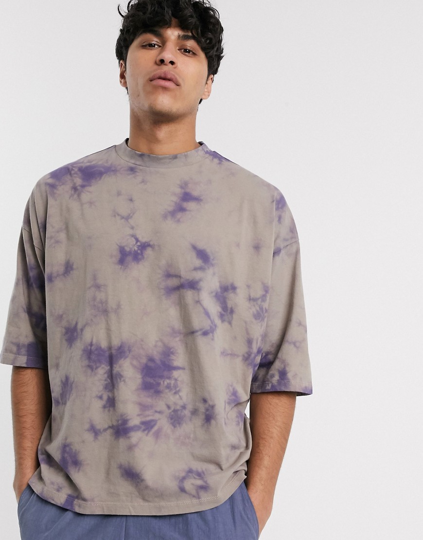 ASOS DESIGN - T-shirt oversize in tessuto organico con mezze maniche lavaggio tie-dye-Beige