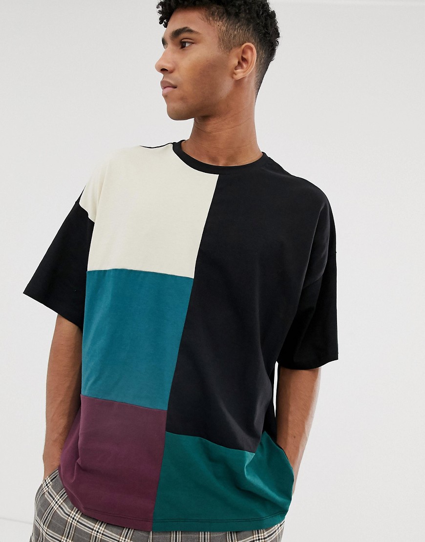 ASOS DESIGN - T-shirt oversize in tessuto organico nero con griglia colour block