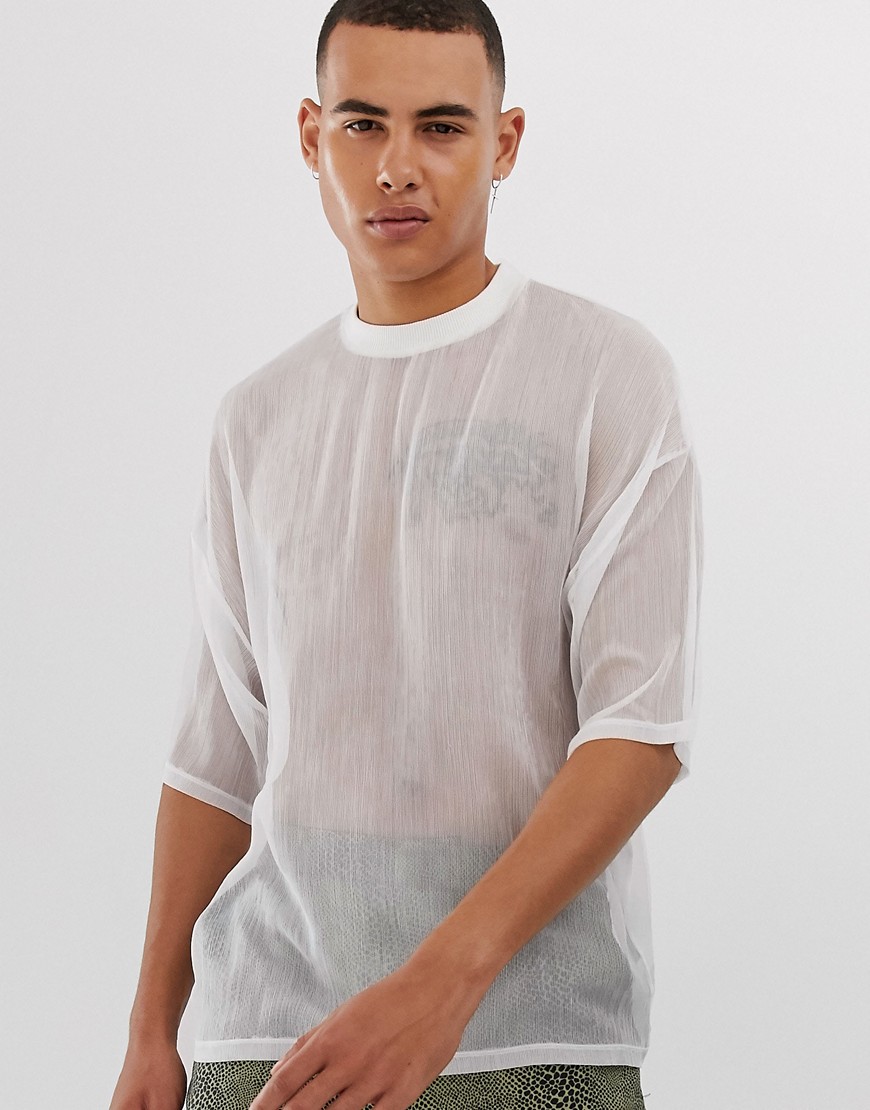 ASOS DESIGN - T-shirt oversize in tessuto trasparente bianco con mezze maniche