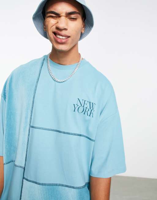 ASOS DESIGN - T-shirt oversize in velour blu a coste color block