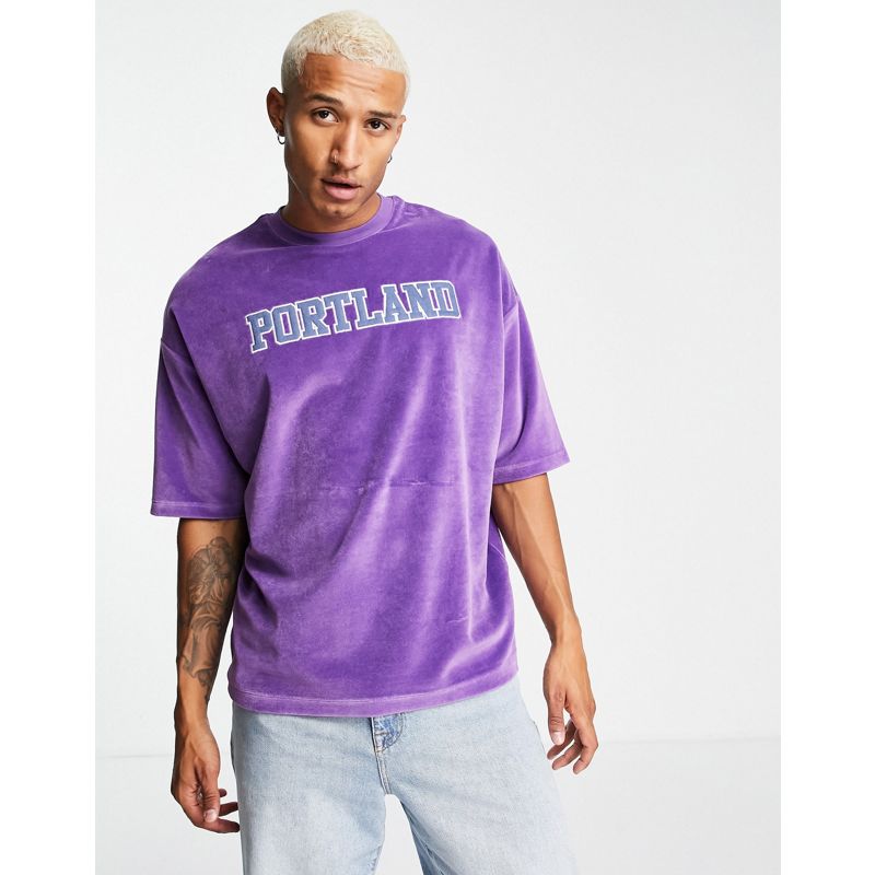 PHcyd Novità DESIGN - T-shirt oversize in velour viola con applicazione di città