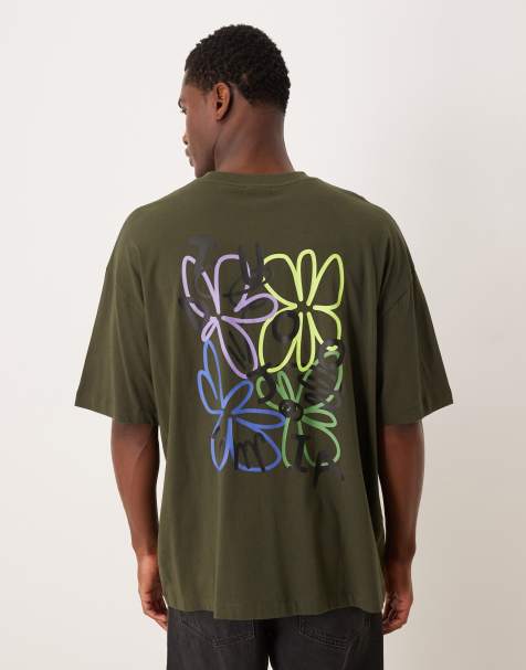 ASOS DESIGN - T-shirt oversize kaki con grafica di fiori astratta - view 1