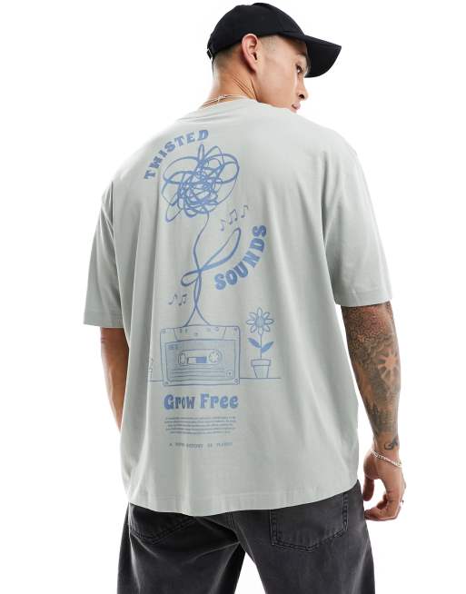 ASOS DESIGN - T-shirt oversize kaki con motivo stile cartone animato stilizzato sul retro