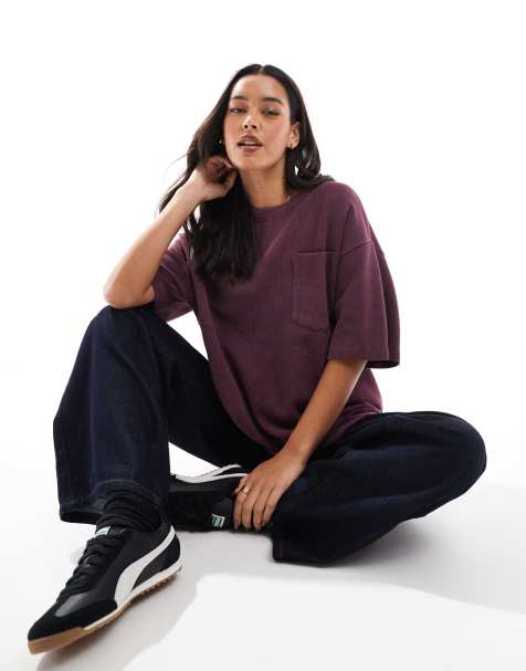 ASOS DESIGN - T-shirt oversize lavorata a nido d'ape bordeaux con tasca - view 1