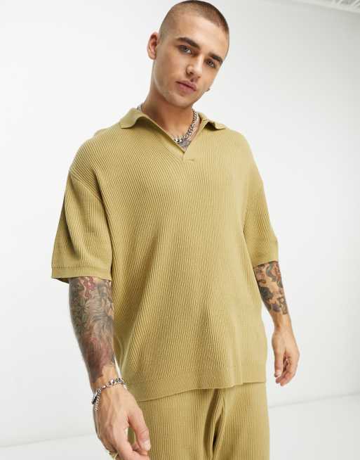 ASOS DESIGN - T-shirt oversize leggera color pietra a coste con intaglio sul collo in coordinato